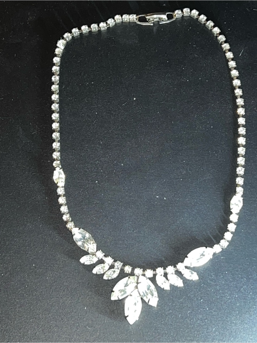 Vintage Midcentury Crystal Rhinestone Marquise Silver Tone Necklace 14.5”